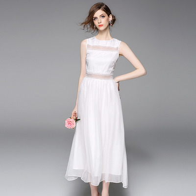 Simple Silk Sleeveless Double Layer Beaded Waist Dress | VoguesUs