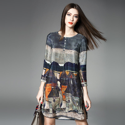 Elegant Silk Graphic Print Long Sleeve Shift Dress | VoguesUs