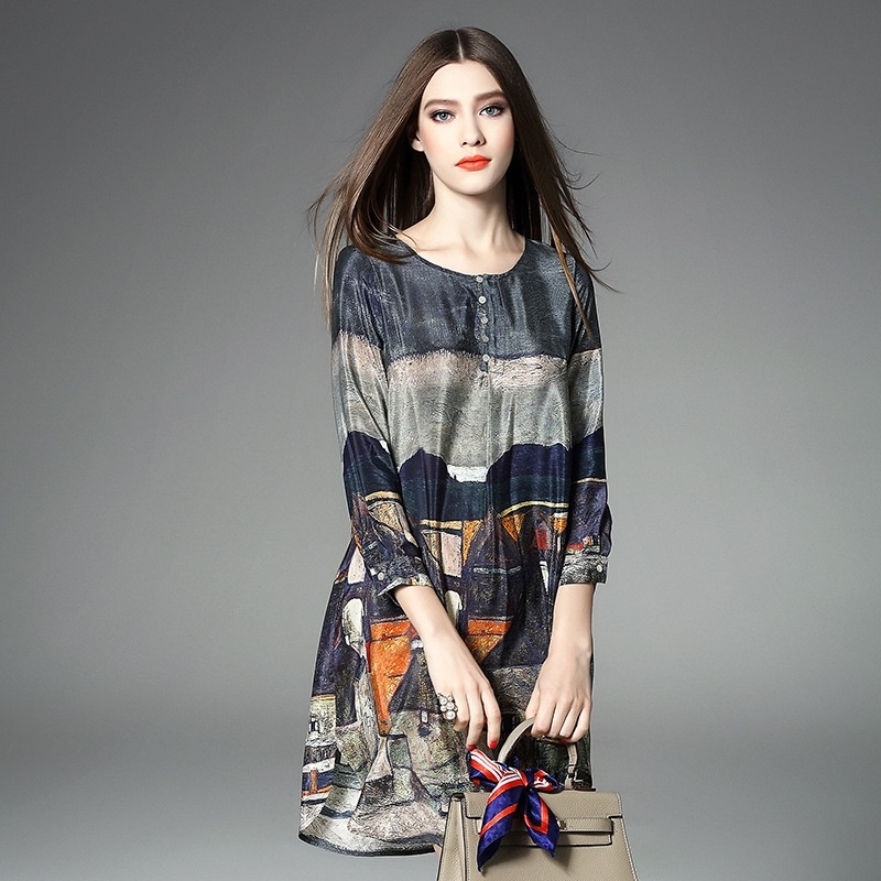 Elegant Silk Graphic Print Long Sleeve Shift Dress | VoguesUs