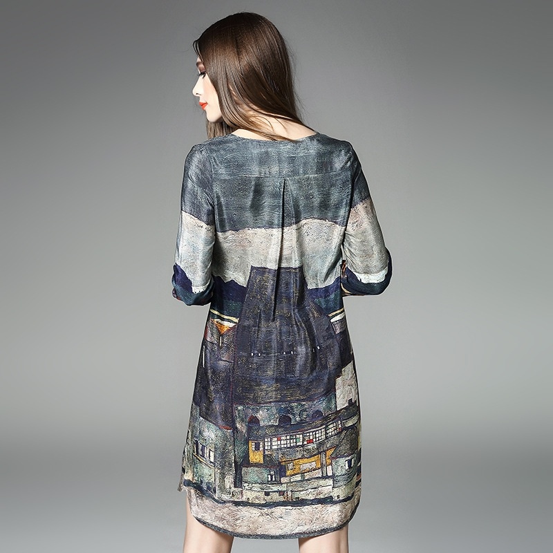 Elegant Silk Graphic Print Long Sleeve Shift Dress | VoguesUs