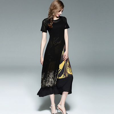 Black Bronzing Gestrickt Split Short Sleeve Double-Layer-Kleid Mit