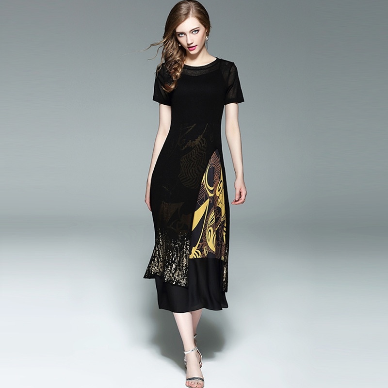 Black Bronzing Knitted Split Short Sleeve Double Layer Dress With