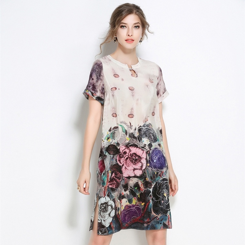 Floral Print Short Sleeve Round Neck A Line Dress | VoguesUs