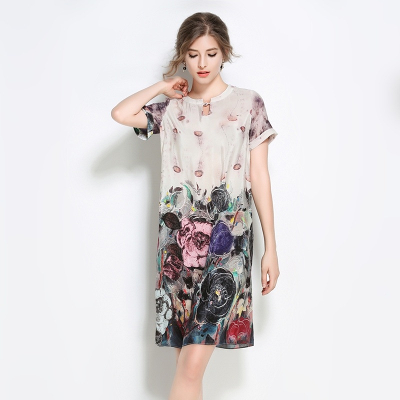 Floral Print Short Sleeve Round Neck A Line Dress | VoguesUs