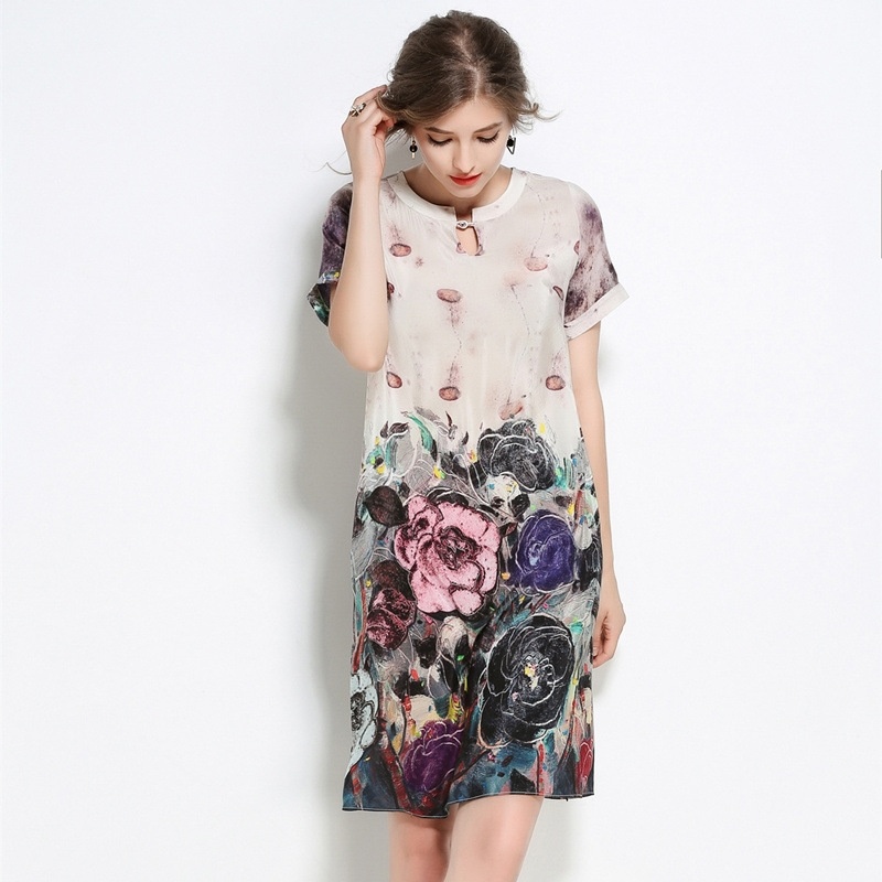 Floral Print Short Sleeve Round Neck A Line Dress | VoguesUs