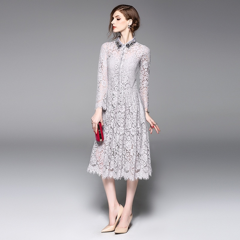 Exquisite Lace And Beads Cutwork Dress With Collar Detail | VoguesUs