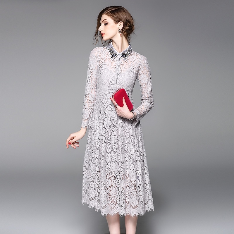 Exquisite Lace And Beads Cutwork Dress With Collar Detail | VoguesUs