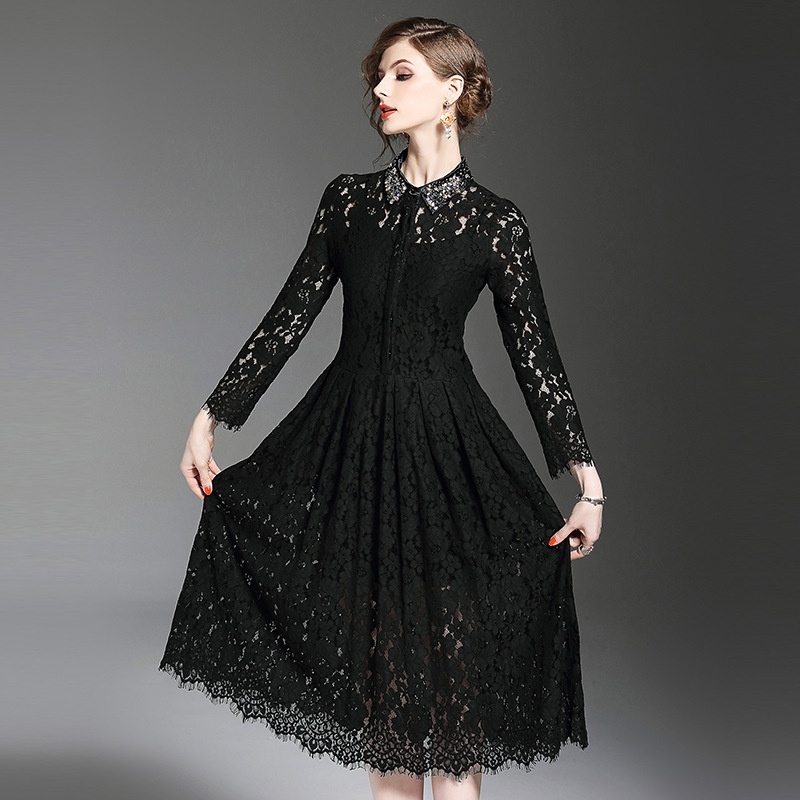 Exquisite Lace And Beads Cutwork Dress With Collar Detail | VoguesUs
