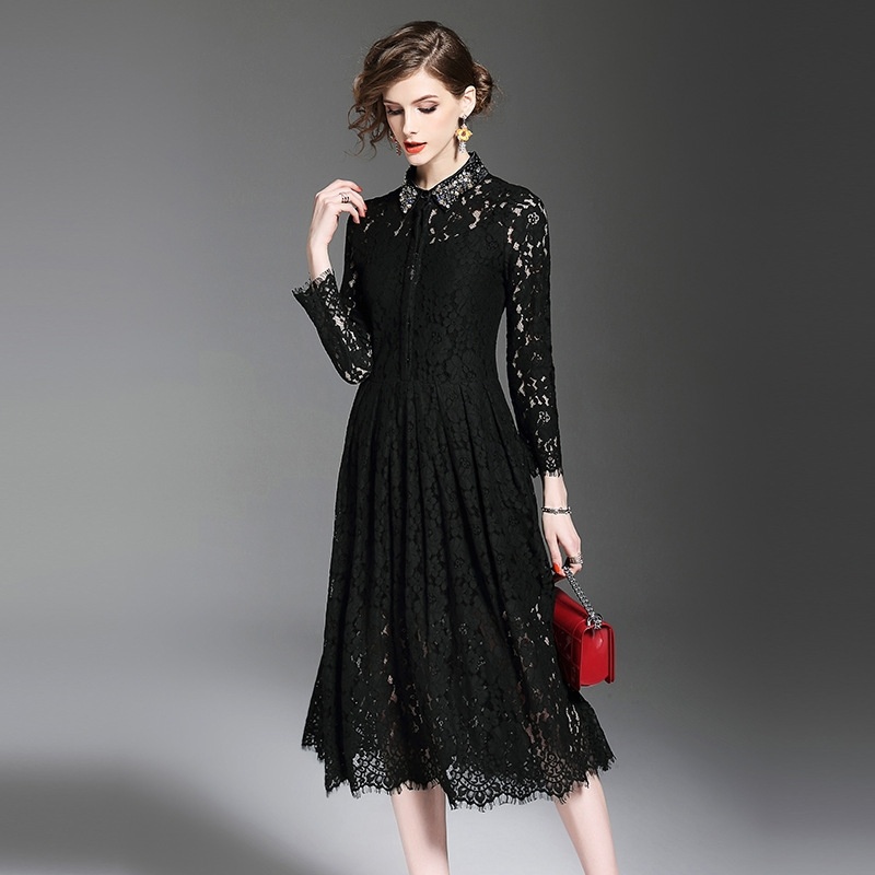 Exquisite Lace And Beads Cutwork Dress With Collar Detail | VoguesUs