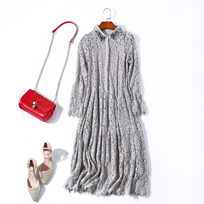 Exquisite Lace And Beads Cutwork Dress With Collar Detail | VoguesUs