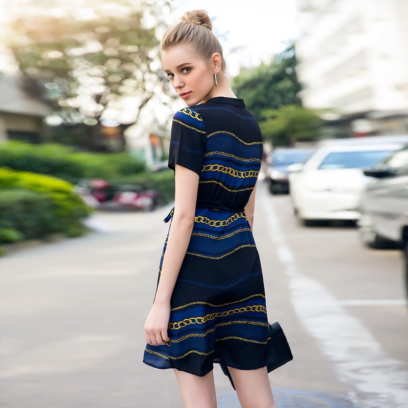 Fashion Stripe V Neck Silk Dress | VoguesUs