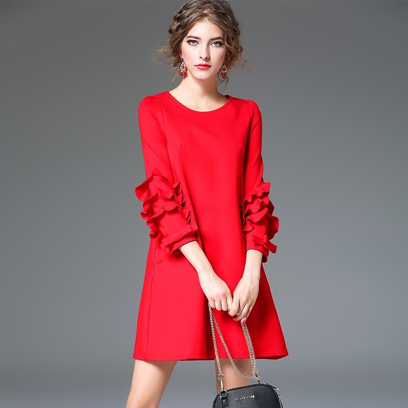Round Neck Petal Ruffle Sleeve Shift Dress | VoguesUs