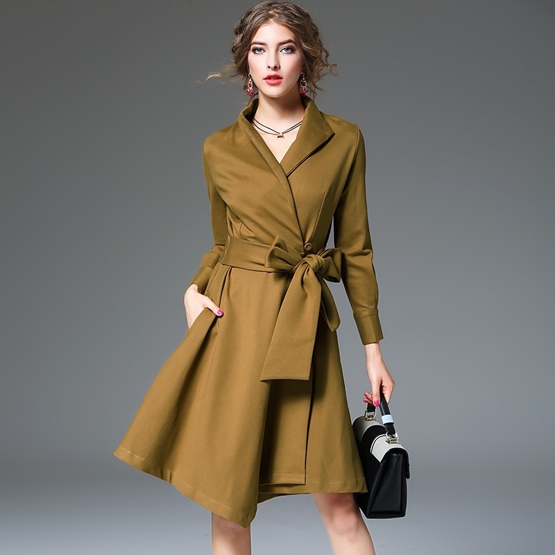 Long Sleeve Corset Waist Windbreaker Dress With Tie Detail | VoguesUs