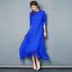 Seide 3/4 Ärmel High Neck Double-Layer Asymmetrische Saum Maxi-Kleid