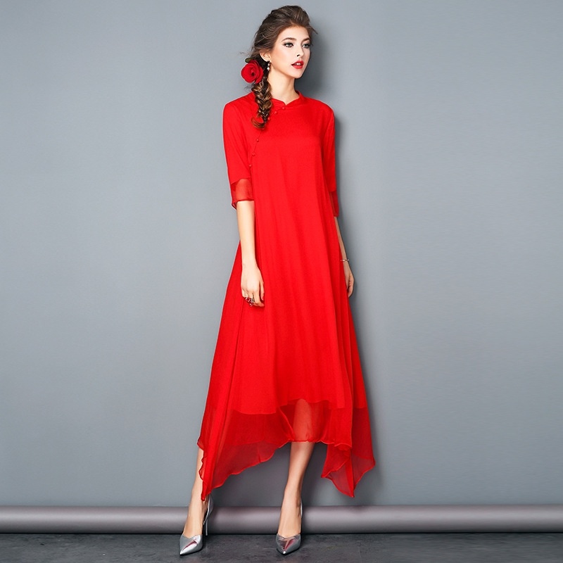 Soie Manches 3/4 Col Haut Double Couche Ourlet Asymétrique Robe Maxi |