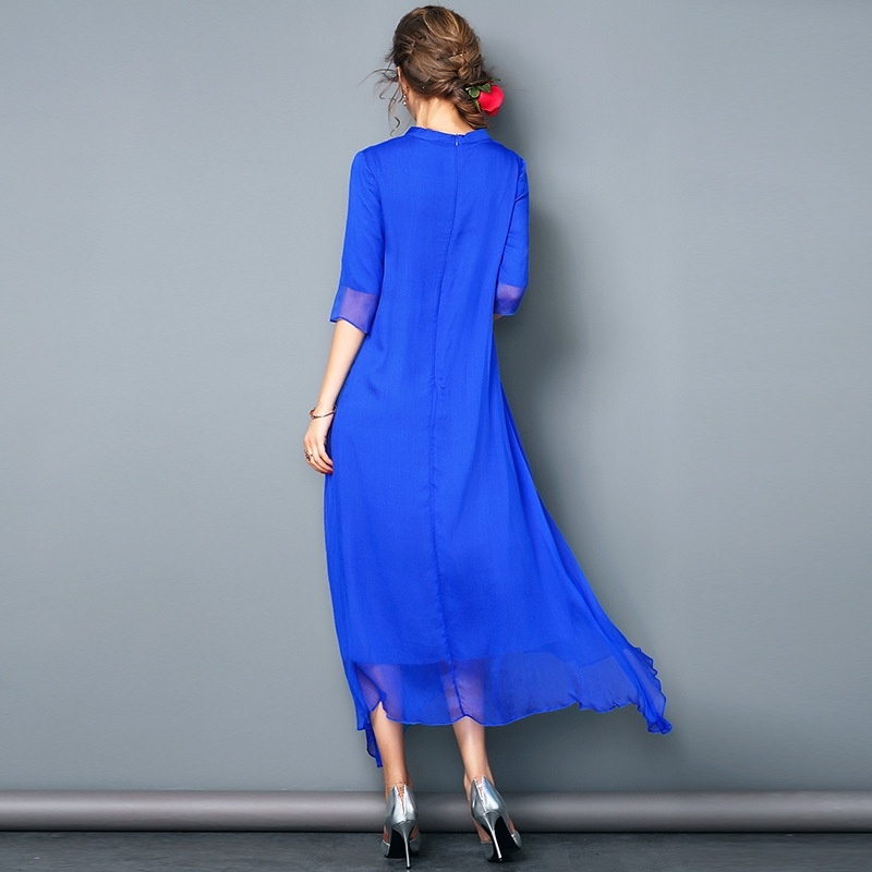 Soie Manches 3/4 Col Haut Double Couche Ourlet Asymétrique Robe Maxi |