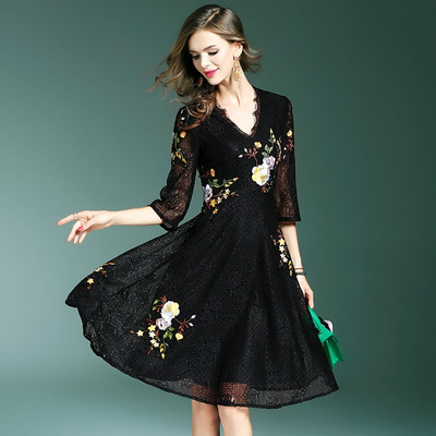 Floral Embroidered V Neck A Line Dress With Lace Detail | VoguesUs