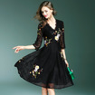 Floral Bestickter V-Ausschnitt A-Linie Kleid Mit Spitzen-Detail