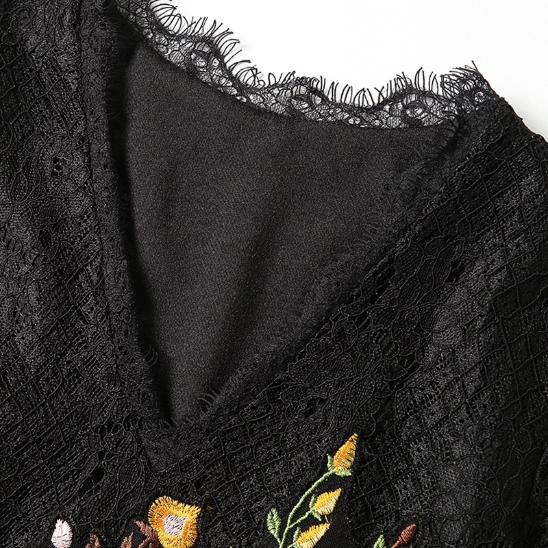 Floral Embroidered V Neck A Line Dress With Lace Detail | VoguesUs