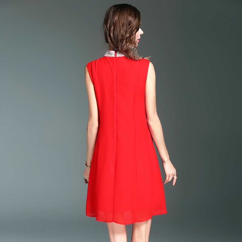 Stitching Ärmelloses Perlen Kragen Asymmetrische Kleid | VoguesUs