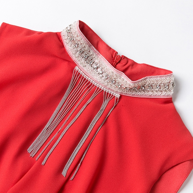 Stitching Ärmelloses Perlen Kragen Asymmetrische Kleid | VoguesUs