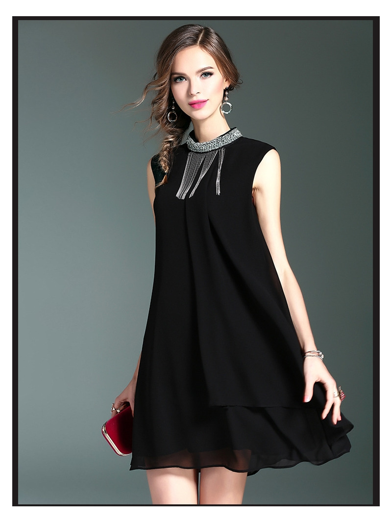 Stitching Ärmelloses Perlen Kragen Asymmetrische Kleid | VoguesUs