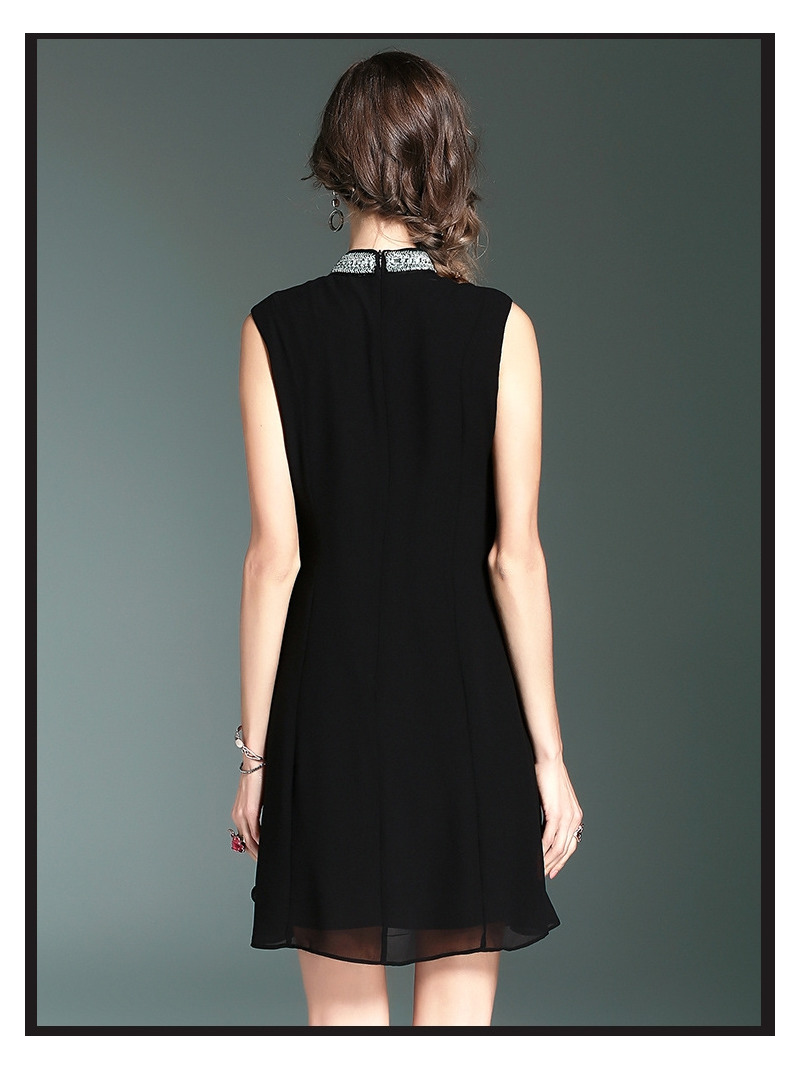 Stitching Ärmelloses Perlen Kragen Asymmetrische Kleid | VoguesUs