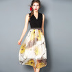 V Neck Sleeveless Silk Spliced Mesh Layer Floral Print Dress