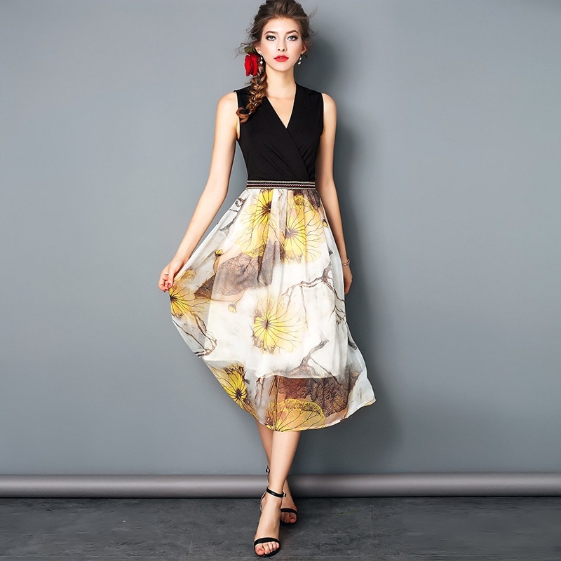 V Neck Sleeveless Silk Spliced Mesh Layer Floral Print Dress |