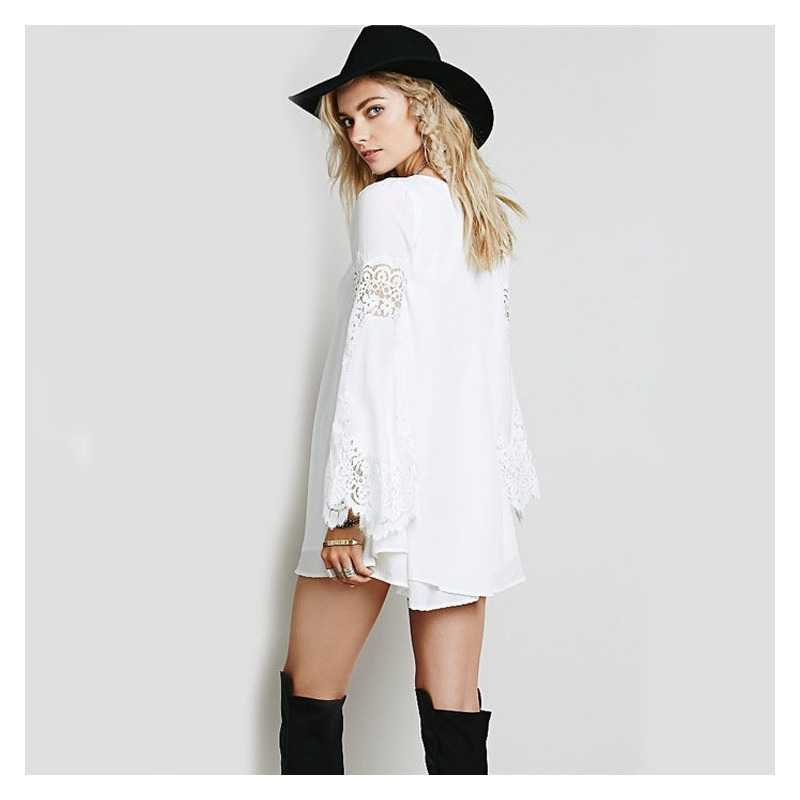 Fashion Blanc Une Ligne Col Rond Drame Manches Robe Midi | VoguesUs