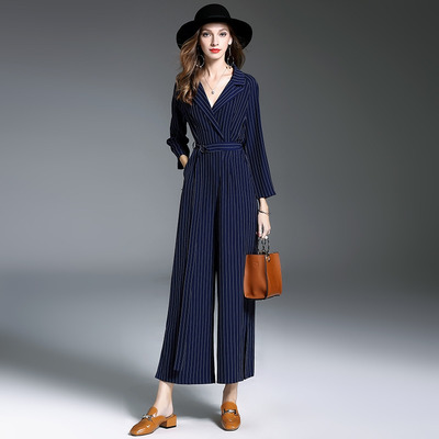Streifen Skinny V-Ausschnitt Langarm Jumpsuit Mit Band In Der Taille | VoguesUs