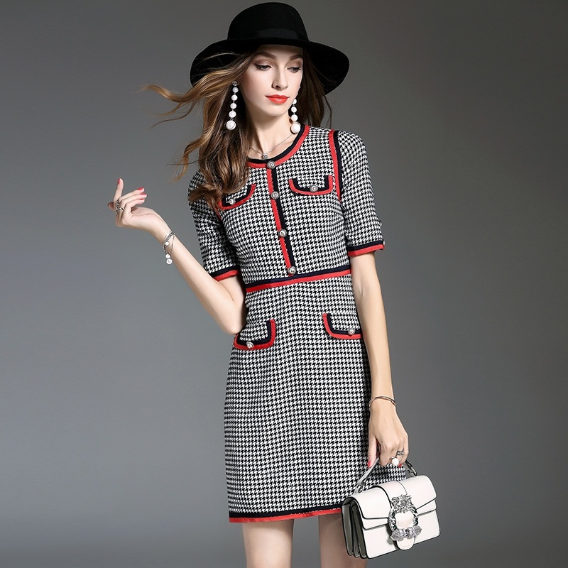 Round Collar Fake Pockets Short Sleeve Dress With Contrast Color
