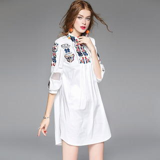 Embroidered Half Sleeve Shift Dress With Collar Detail | VoguesUs
