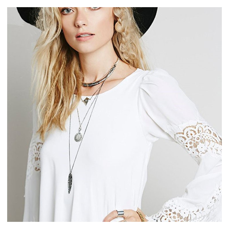 Fashion Blanc Une Ligne Col Rond Drame Manches Robe Midi | VoguesUs