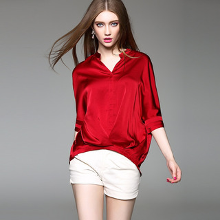 Die Künstliche Seide Langarm V-Neck T-Shirt | VoguesUs