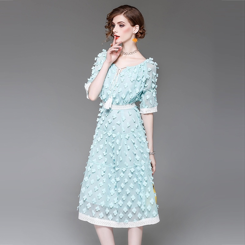 A Principios De Otoño Apliques De Media Manga Vestido Midi Con