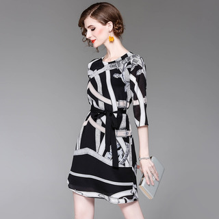 Anfang Herbst Neue Silk Print Halbe Ärmel Krawatte-Taille Kleid | VoguesUs