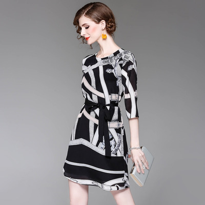 Anfang Herbst Neue Silk Print Halbe Ärmel Krawatte-Taille Kleid | VoguesUs