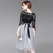 Black Lace Half Sleeve Spliced Contrast Skirt Dress With Tie Waist