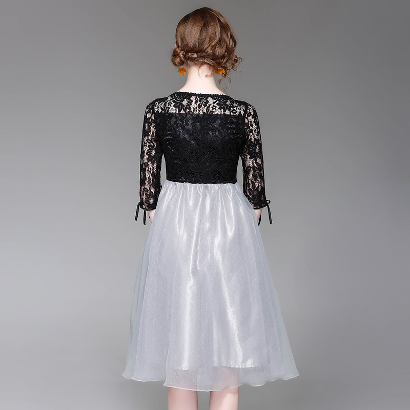 Black Lace Half Sleeve Spliced Contrast Skirt Dress With Tie Waist |