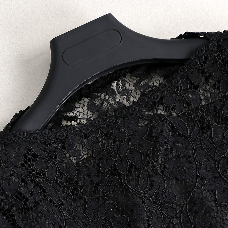 Black Lace Half Sleeve Spliced Contrast Skirt Dress With Tie Waist |
