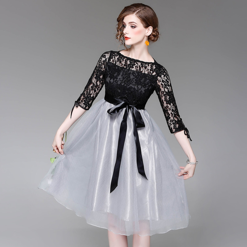 Black Lace Half Sleeve Spliced Contrast Skirt Dress With Tie Waist |