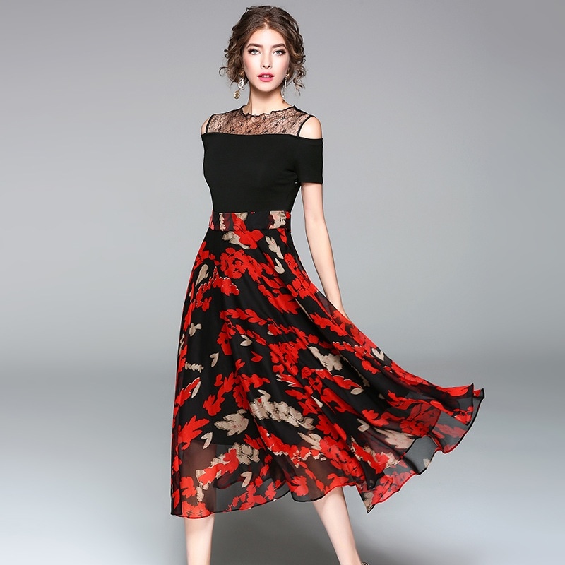 Lace Mesh Kalte Schulter Gespleißt Print Maxi Kleid | VoguesUs