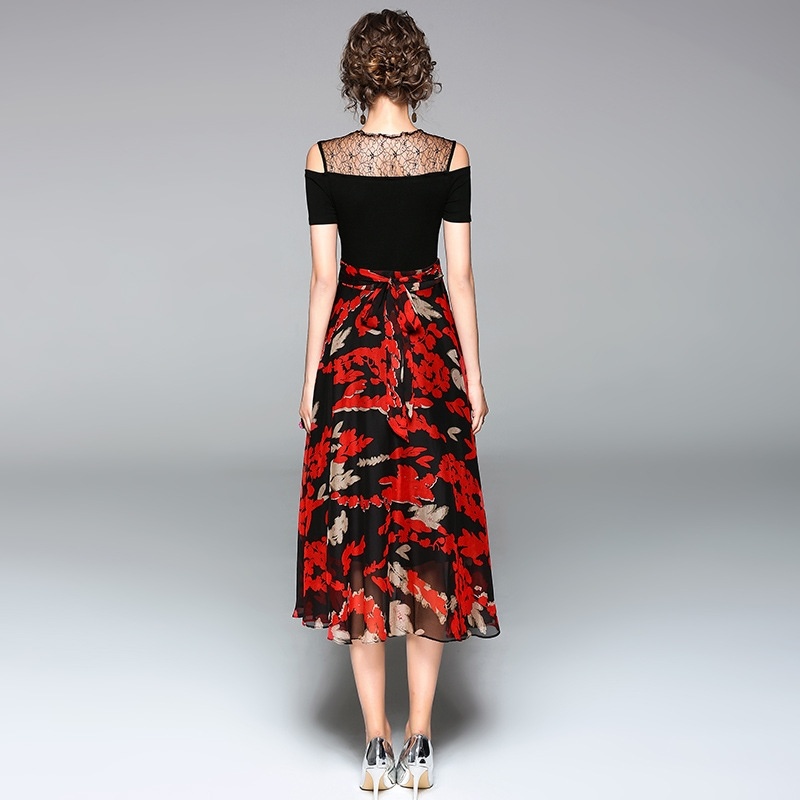 Malla De Encaje Hombro Frío Empalmado De Impresión Vestido Maxi