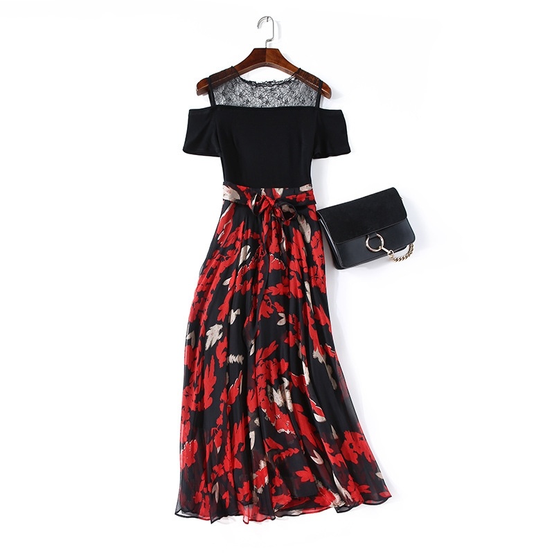 Lace Mesh Kalte Schulter Gespleißt Print Maxi Kleid | VoguesUs