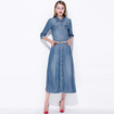 Einfache Mode-Revers Halbarm Denim A-Linie Maxi-Kleid Mit Taille Binden