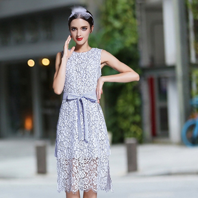 Elegante Rundhalsausschnitt Ärmellos Nähen Floral Double Layer Dress |