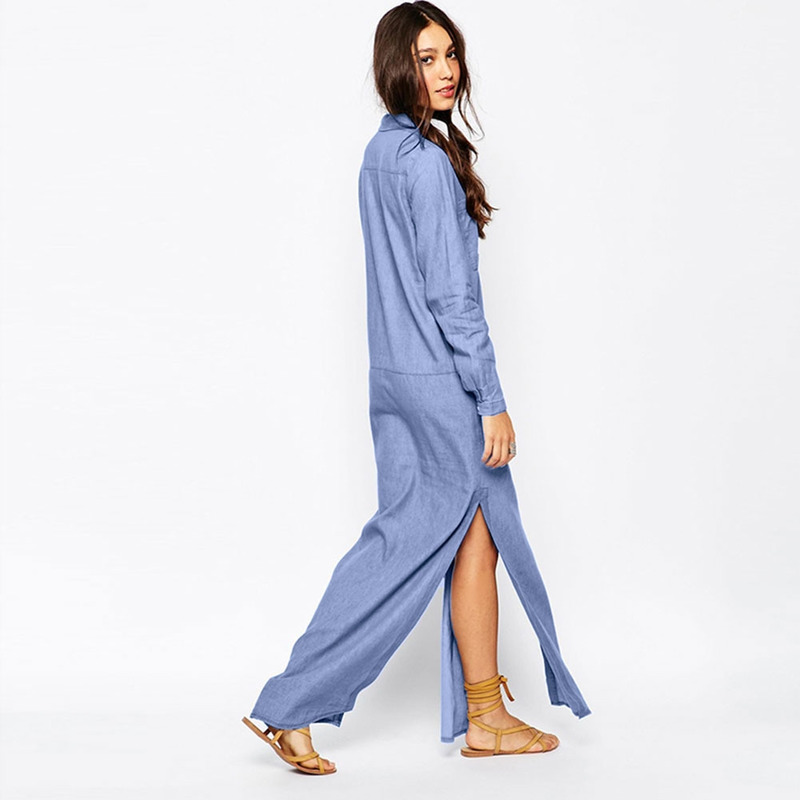 Simple Lapel Forklinks Denim Split Dress | VoguesUs