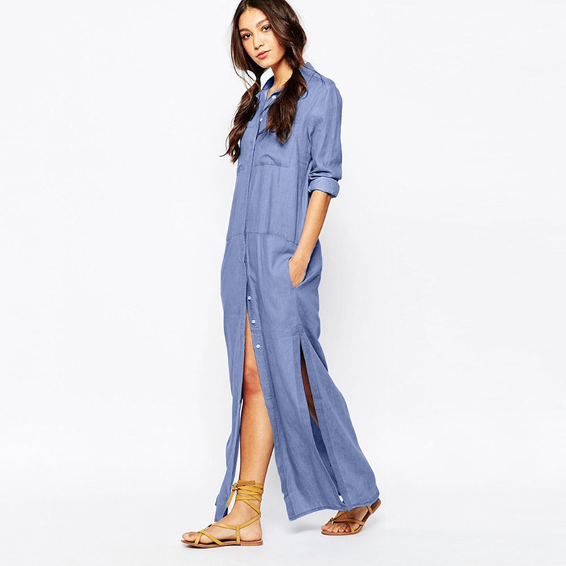 Simple Lapel Forklinks Denim Split Dress | VoguesUs
