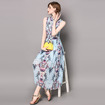 Fashion High Collar Sleeveless Floral Print Hem Pleated Maxi Dress